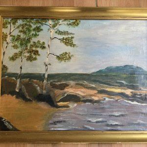 Vintage original oil painting by F.Josson 27" x 21" landscape ocean wooden frame